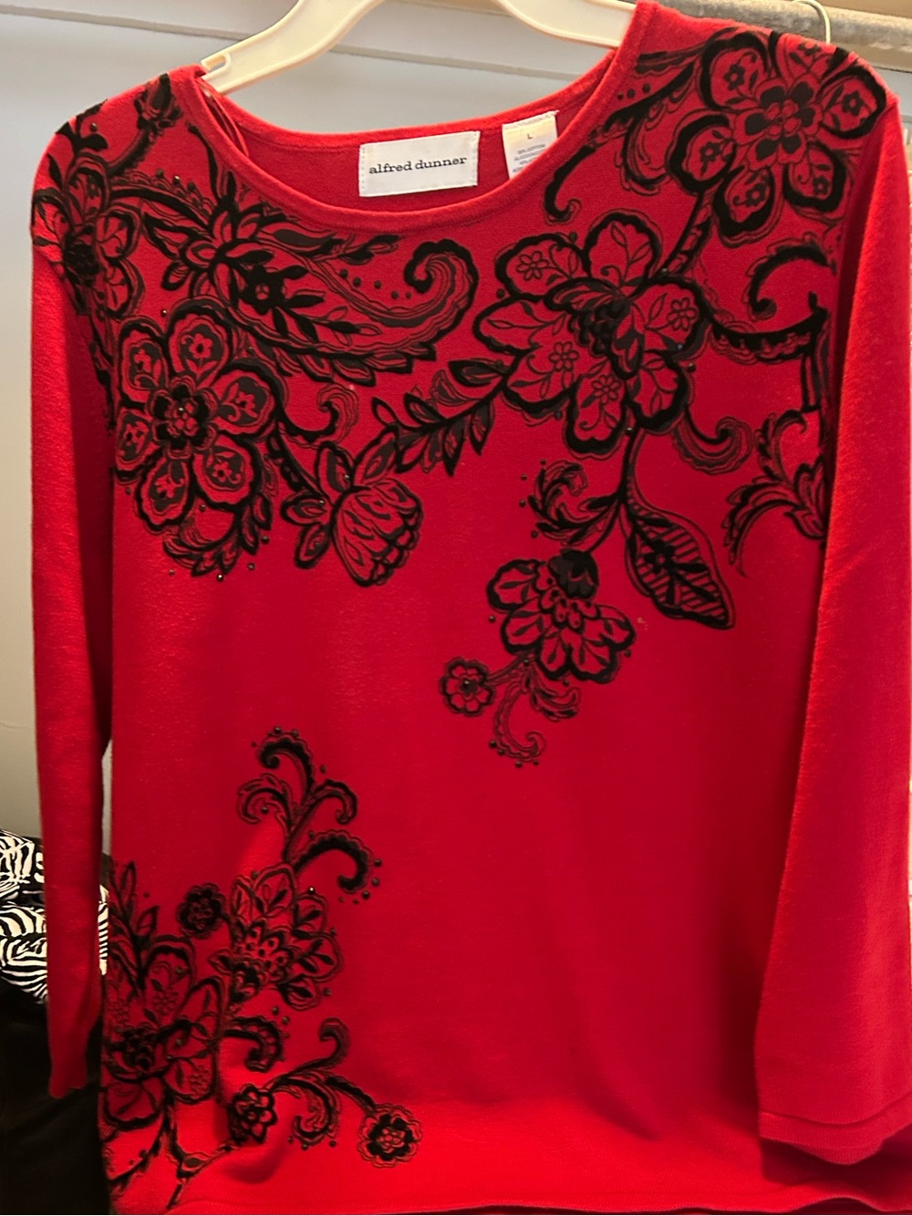 Alfred Dunner Red Long-Sleeve Top with Black Floral Velvet Embroidery